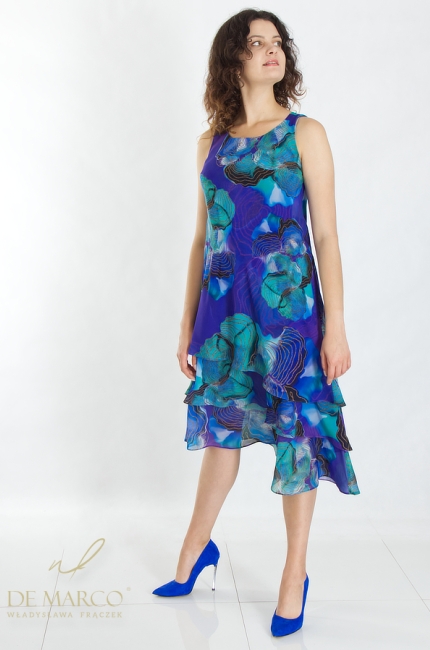 Romantic casual comfortable formal dress in shades of navy blue and turquoise. De Marco online store