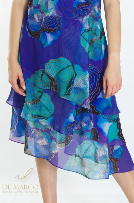 Navy blue turquoise chiffon summer dress perfect for a garden party. Luxurious Summer Dresses for Holidays in Dubai. De Marco online store