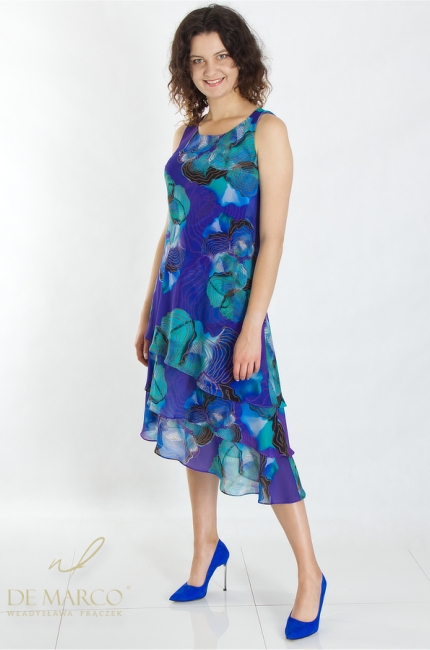 Loose casual elegant dress for the summer in shades of navy blue and turquoise. De Marco online store