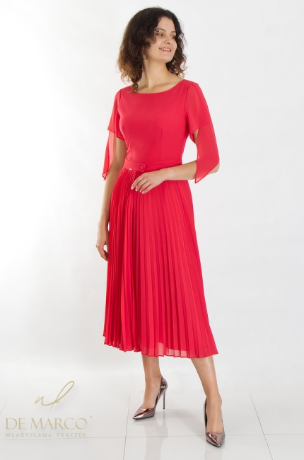 Piękna elegancka sukienka wizytowa szyfonowa w kolorze malinowej czerwieni. Sklep internetowy De Marco