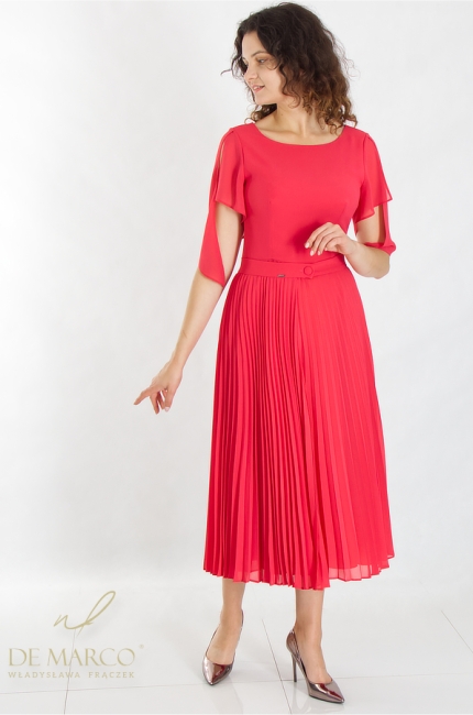 Exclusive red dress for a wedding, First Communion, baptism, business party. Fashionable pleated cocktail dress with an attached skirt on the belt. De Marco online store