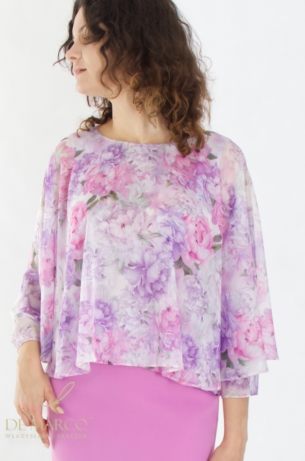 Fantazyjna, lekka bluzka szyfonowa o swobodnym kroju ze spódnicą ołówkową. Stylizacje w odcieniach różu i fioletu. Sklep internetowy De Marco