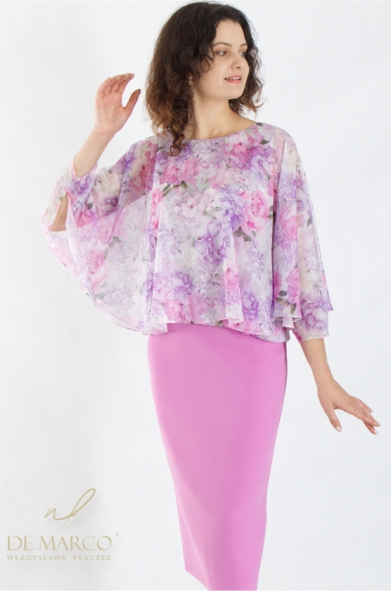 Stylish summer formal set with a pencil skirt and a chiffon blouse. Fashionable creations for wedding anniversary jubilee roses violet. Tailor made by De Marco
