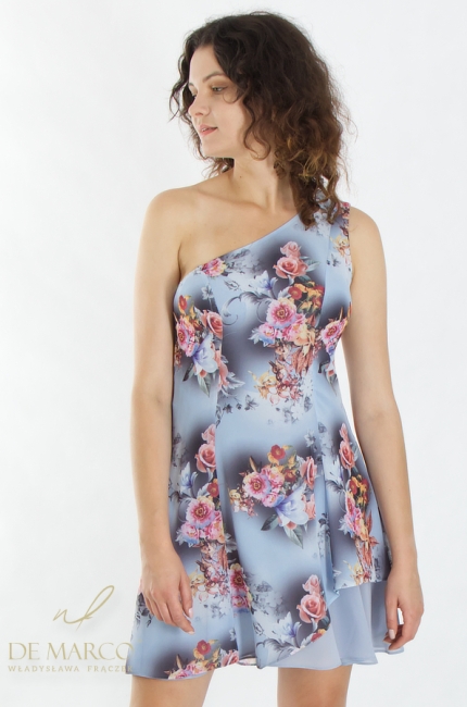 Luxurious sensual mini creation with a floral motif on one shoulder. De Marco online store