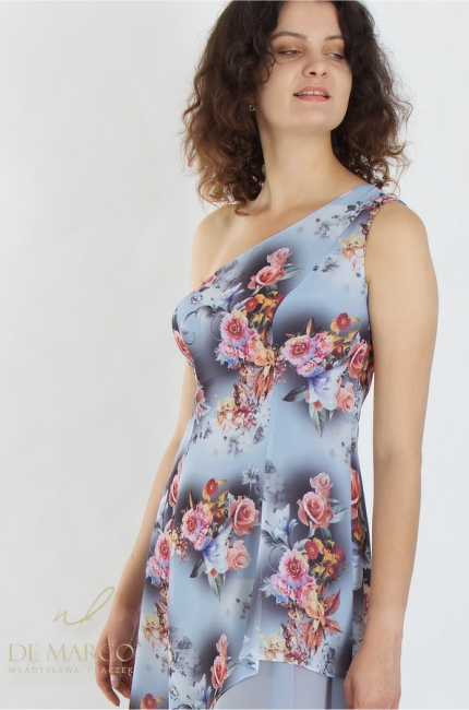 The most fashionable chiffon mini dresses in shades of blue. Sexy women's one-shoulder styles. De Marco online store