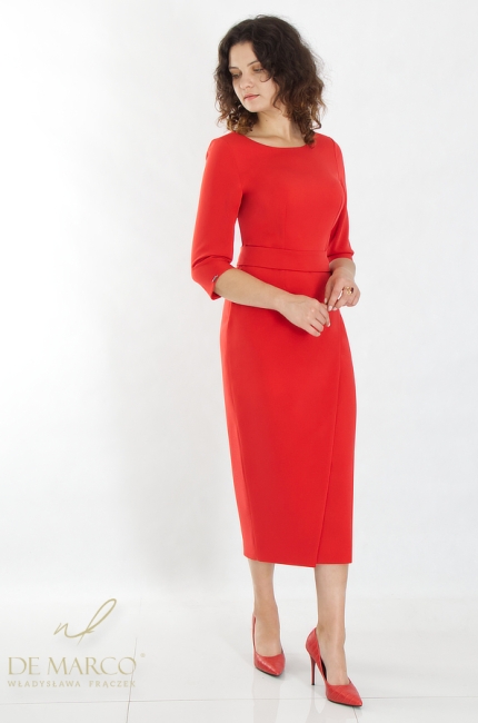 A red midi evening dress, perfect for a business dinner, gala dinner, banquet, gala, party. Tailor made by designer De Marco