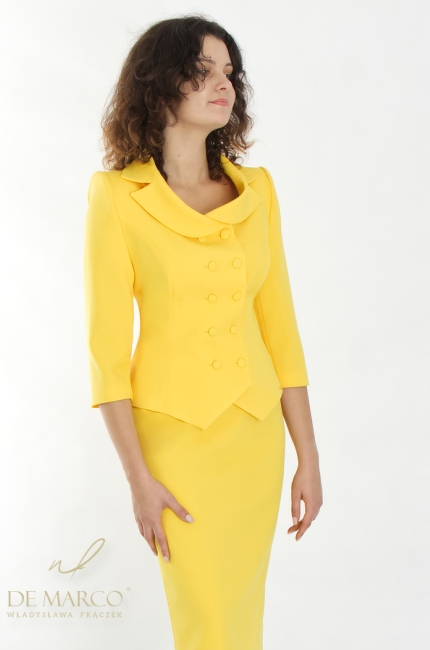 Elegant summer costumes suits for a wedding. Styling from the designer of the First Lady of the Republic of Poland Władysława Frączek in shades of yellow. De Marco online store