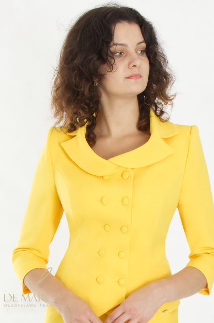 A yellow suit made in Poland, a women's formal costume, perfect for Harvest Festival Days of the City, outdoor concerts, charity events, inaugurations, weddings, garden parties. Tailor made by designer De Marco