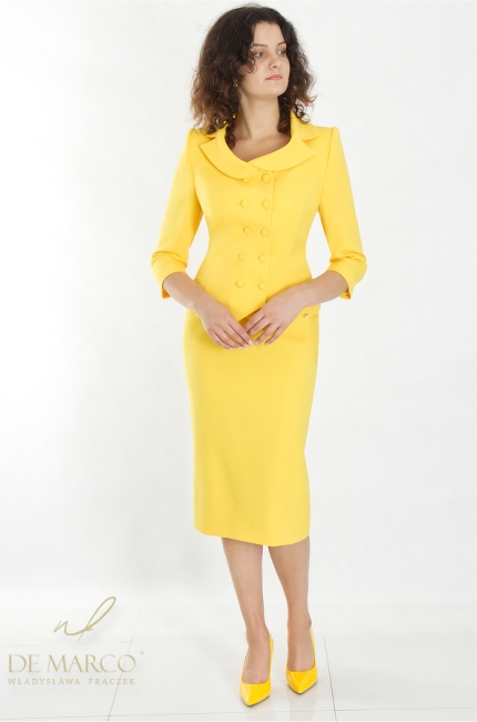 Original modern women's formal suit in an intense yellow color. De Marco online store