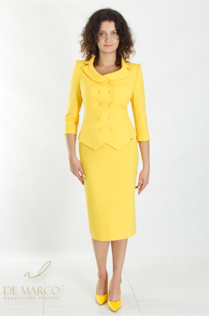 Co założyć na Dni Miasta Dożynki? Modne żółte zestawy kobiece żakiet spódnica. Sklep internetowy De Marco