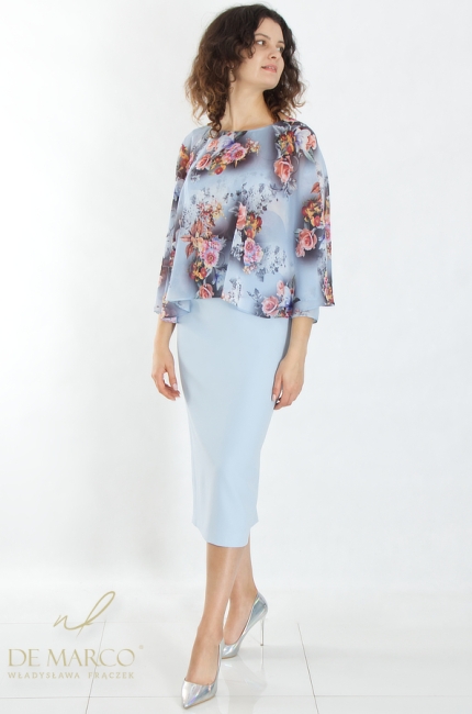 Stylish sets in shades of blue. Fashionable blouse with a midi pencil skirt, perfect for summer. Tailor made by De Marco