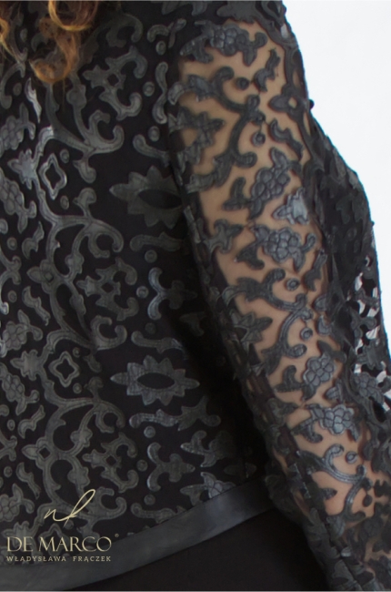 Luksusowe bolerko narzutka koronkowa eko skóra z klasyczną sukienką koktajlową mini. Sklep internetowy De Marco