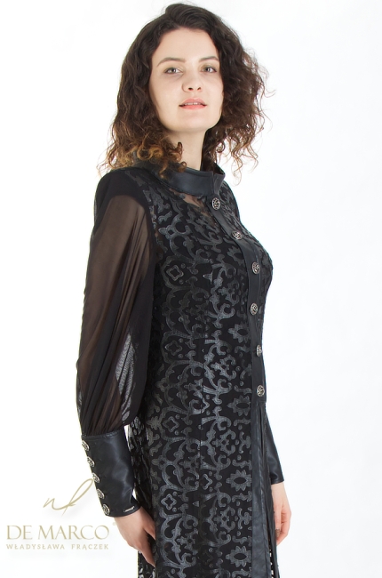 Beautiful evening long midi jacket with eco leather lace. Fashionable evening outerwear for going out styling. De Marco online store