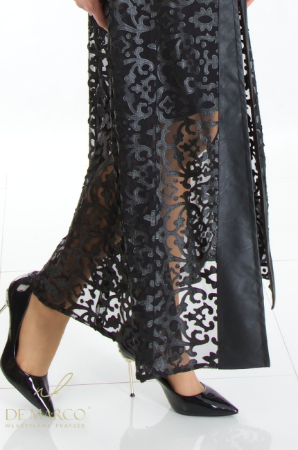 Romantic lace eco leather dress coat. Tailor made by De Marco