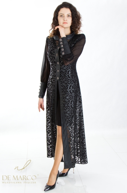 Women's black lace light evening coat. Fashionable outerwear for gale meetings. De Marco online store