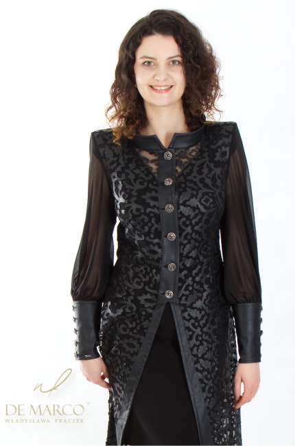 Sensual black light evening coat made of luxurious eco-leather lace. Tailor made by De Marco