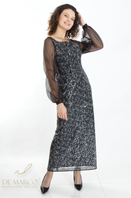 Piękna długa suknia wieczorowa w odcieniach czerni i srebra. Sklep internetowy De Marco