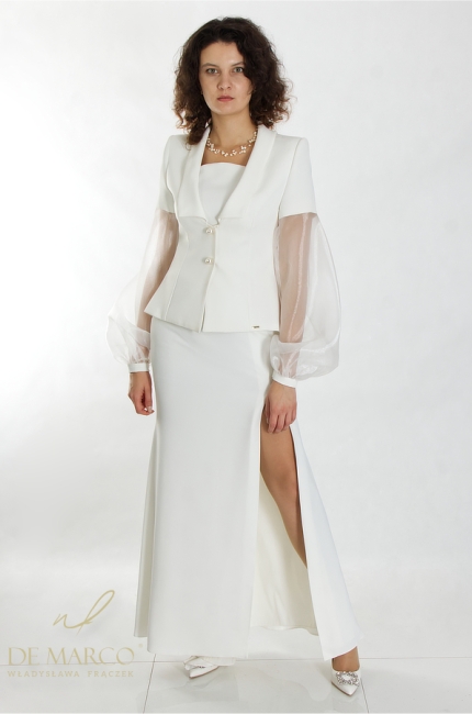 A modern three-piece wedding suit in off-white color. De Marco online store