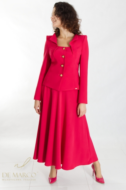 A beautiful raspberry formal suit with a casual maxi skirt. De Marco online store