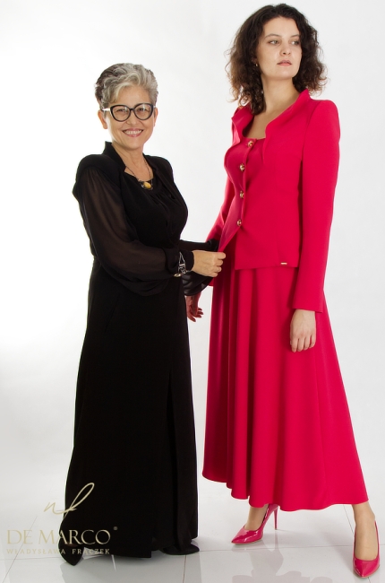 A luxurious suit with a maxi skirt in shades of red and pink. De Marco tailoring