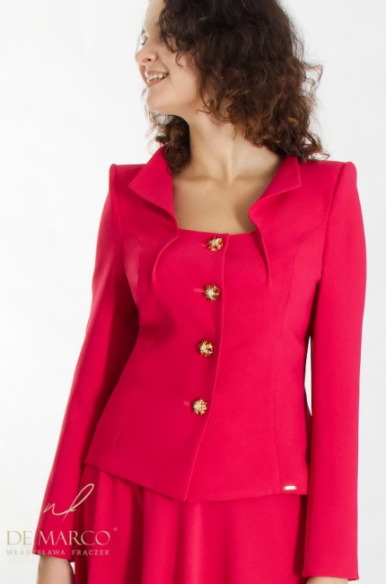 A dress suit with a maxi skirt made in Poland. Fashionable De Marco suits in raspberry color. De Marco online store