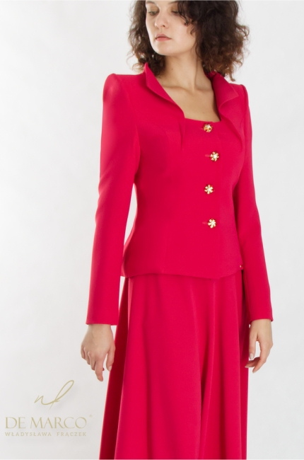 How to dress for an anniversary, birthday, wedding, communion, baptism? A fashionable formal set with a skirt and a jacket in raspberry color. Atelier De Marco Władysław Frączek