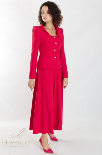 A modern women's formal suit with a flared maxi skirt from the Polish designer of the First Lady of the Republic of Poland, Władysława Frączek De Marco