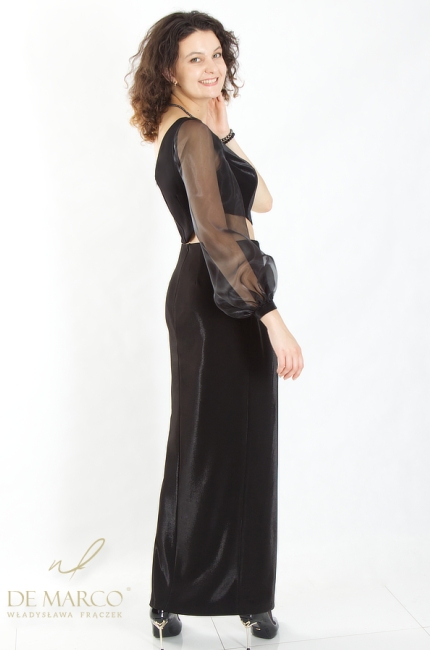 Luksusowa suknia wieczorowa w kolorze czarnym na jedno ramię. Najmodniejsze kreacje wieczorowe. Sklep internetowy De Marco