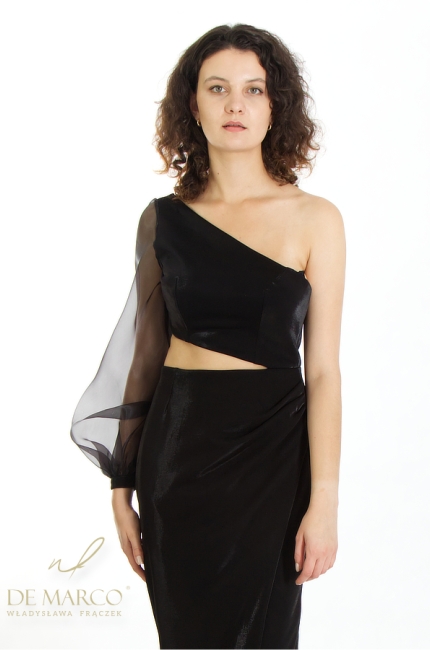 Oryginalna zmysłowa suknia czarna wieczorowa na jedno ramię. Polski producent luksusowej odzieży damskiej wieczorowej De Marco
