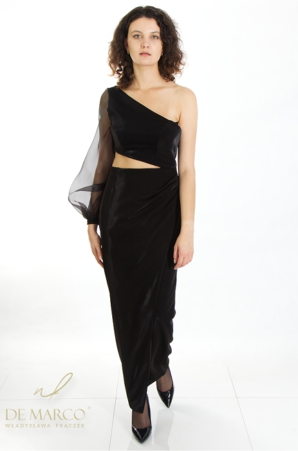 Czarna asymetryczna sukienka suknia wieczorowa cut-out. Piękne sylwestrowe suknie maxi na jedno ramię. Szycie na miarę u projektanta De Marco