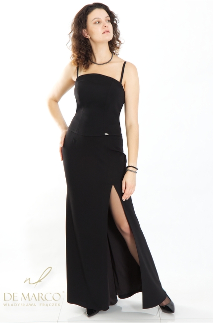 Czarny komplet wieczorowy De Marco z suknią wieczorową. Eleganckie kostiumy damskie wieczorowe szyte na miarę u projektanta De Marco
