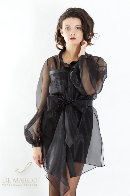 Czarny komplet wieczorowy z sukienką, z łączonych materiałów. Polski producent Atelier De Marco