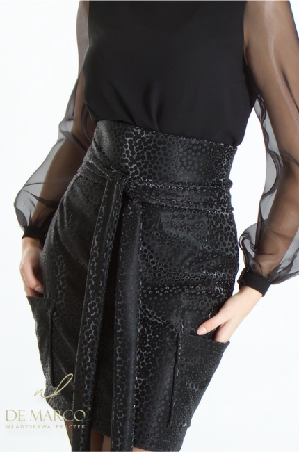 Elegancki czarny pasek wiązany z eko-skóry idealny do sukienki, spódnicy, koszuli, tuniki, spodni. Sklep internetowy De Marco