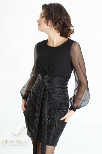 Luxurious black belt made of embossed black eco-leather. Waist-slimming accessories for formal styling. De Marco online store