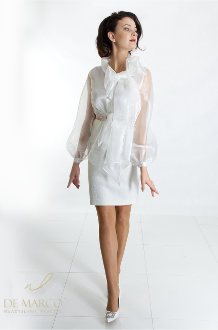 Oryginalne białe stylizacje dla Pań 30+ 40+50+. Najpiękniejsze komplety ze spódnicą i bluzką koszulową od polskiego producenta De Marco