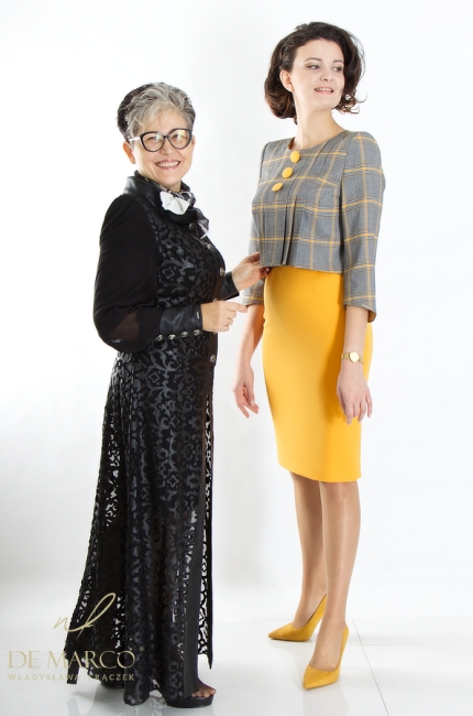 Romantic women's costume with a dress in vintage retro style. De Marco tailoring