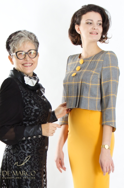 Exclusive gray and yellow costumes and formal suits tailored by the Polish manufacturer De Marco