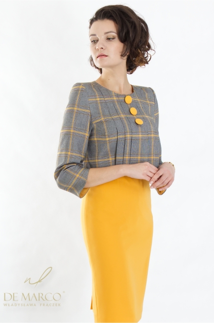A fashionable two-piece suit with a dress in shades of gray and honey yellow. De Marco online store
