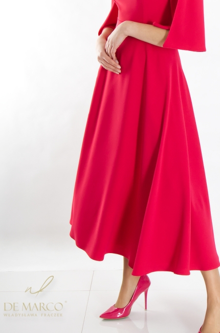 What to wear to a wedding 50+ 60+. The most beautiful long flared dresses in shades of red. De Marco tailoring