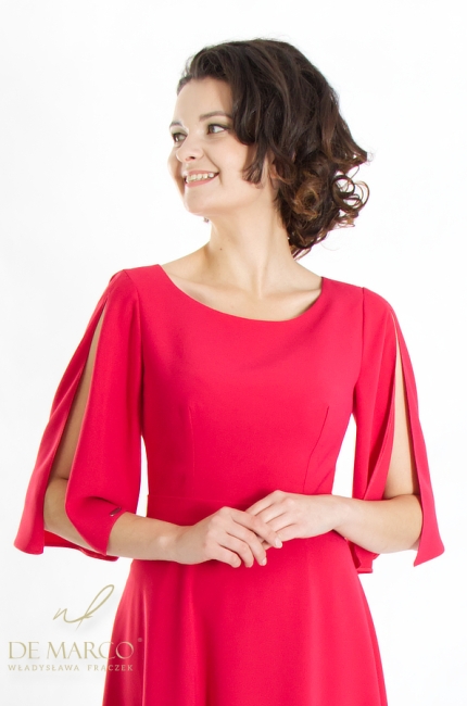 Najpiękniejsze wyszczuplające długie sukienki wyjściowe wizytowe w odcieniach czerwieni. Polski producent De Marco