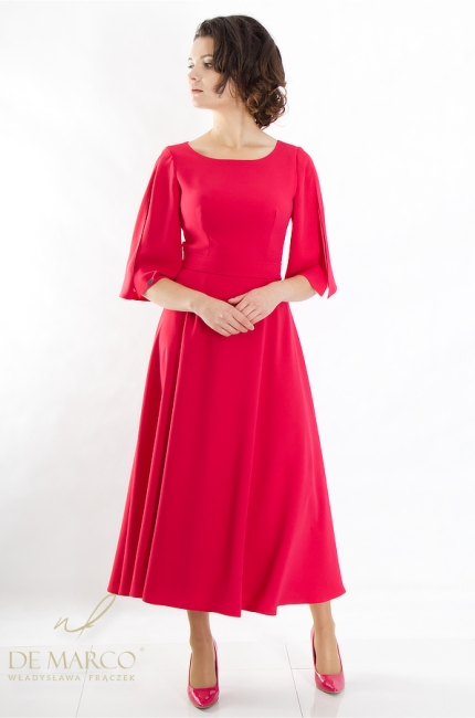 Gładkie eleganckie czerwone sukienki wizytowe od polskiej projektantki Pierwszej Damy RP - Władysławy Frączek. Sklep internetowy De Marco