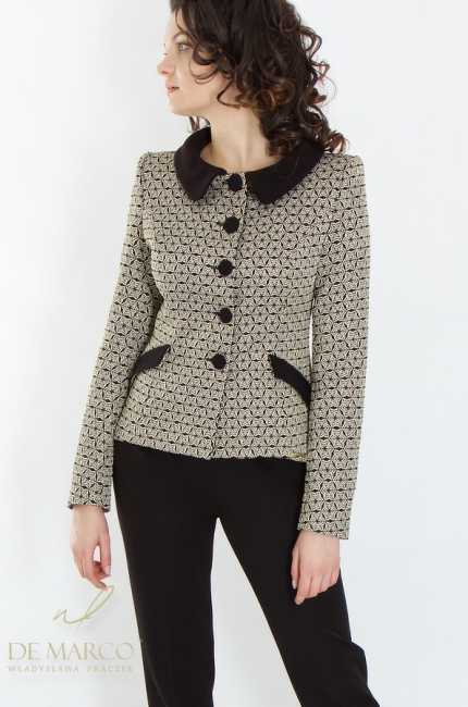 The most fashionable women's formal suits in shades of black and gold. Jacquard short jacket with suit trousers. De Marco online store