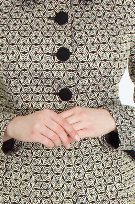 Women's formal set with trousers and a short gold-colored jacket. De Marco tailoring