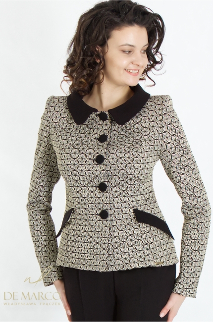 Original women's suit with a short jacket made of combined materials. Luxurious women's two-piece trousers in black and gold. De Marco online store