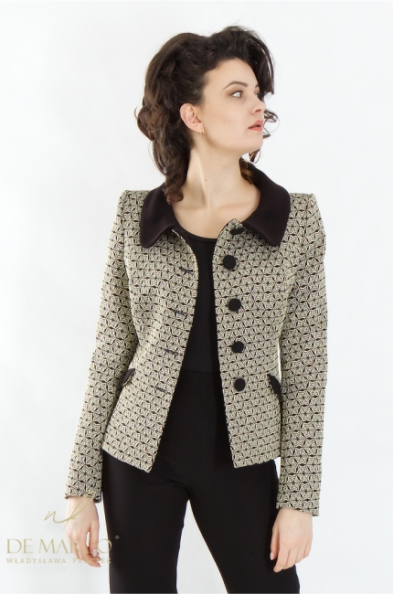 Women's formal suits made in Poland with a jacquard short jacket and trousers. Polish producer De Marco