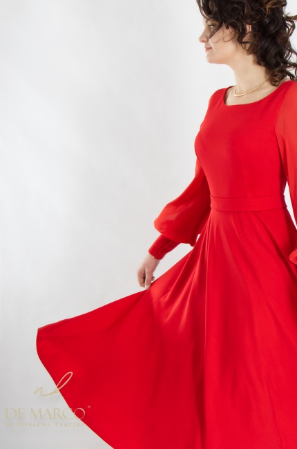 Szyta w Polsce luksusowa sukienka na wesele dla Mamy Pary Młodej. Czerwone sukienki na ślub i wesele dla Mamy i Teściowej. Sklep internetowy De Marco