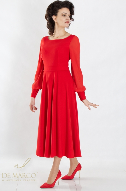 Elegancka czerwona sukienka wizytowa od polskiej projektantki Pierwszej Damy RP - Władysławy Frączek. Sklep internetowy De Marco