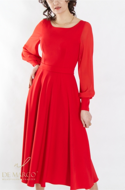Długa czerwona sukienka na wesele z rękawem. Najpiękniejsze czerwone sukienki midi maxi od polskiego producenta luksusowej odzieży damskiej De Marco