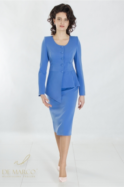 A blue formal suit with an asymmetric cut, sewn in Poland. De Marco online store