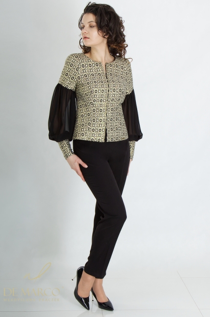 A fashionable women's evening suit in black and gold, sewn in Poland. The most beautiful two-piece women's suit sets made of combined jacquard materials. De Marco online store